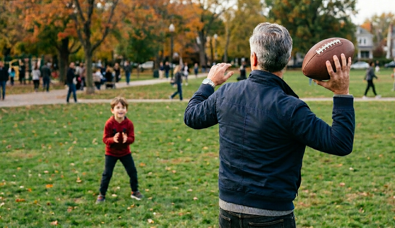 A man and his son playing football in the park